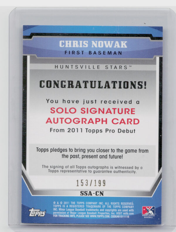 2011 Topps Pro Debut Chris Nowak AU SN199 #SSA-CN Stars Solo Signatures Blue - Image 3