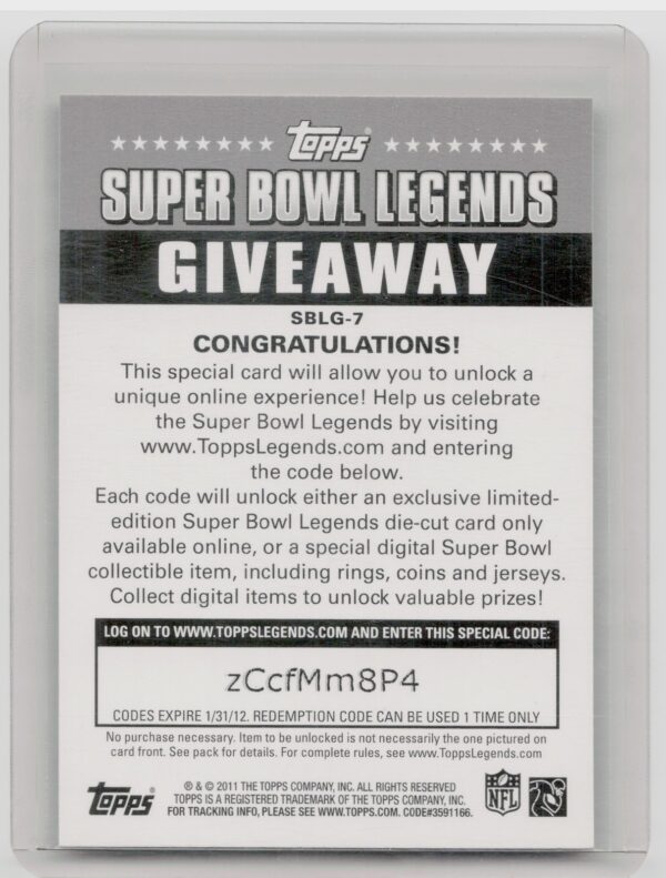 2011 Topps Tom Brady #SBLG-7 Patriots Super Bowl Legends Giveaway - Image 3