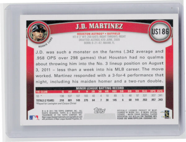 2011 Topps Update J.D. Martinez RC #US186 Astros - Image 3