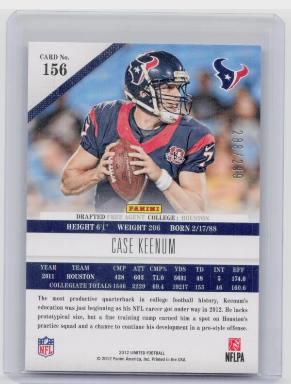2012 Panini Limited Case Keenum /299 RC #156 Texans - Image 3