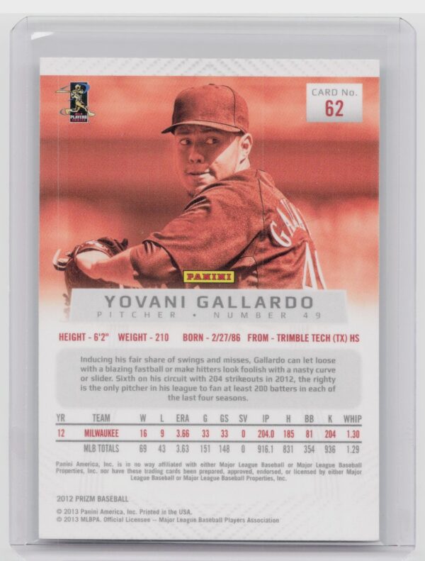 2012 Prizm Yovani Gallardo #62 Brewers - Image 3