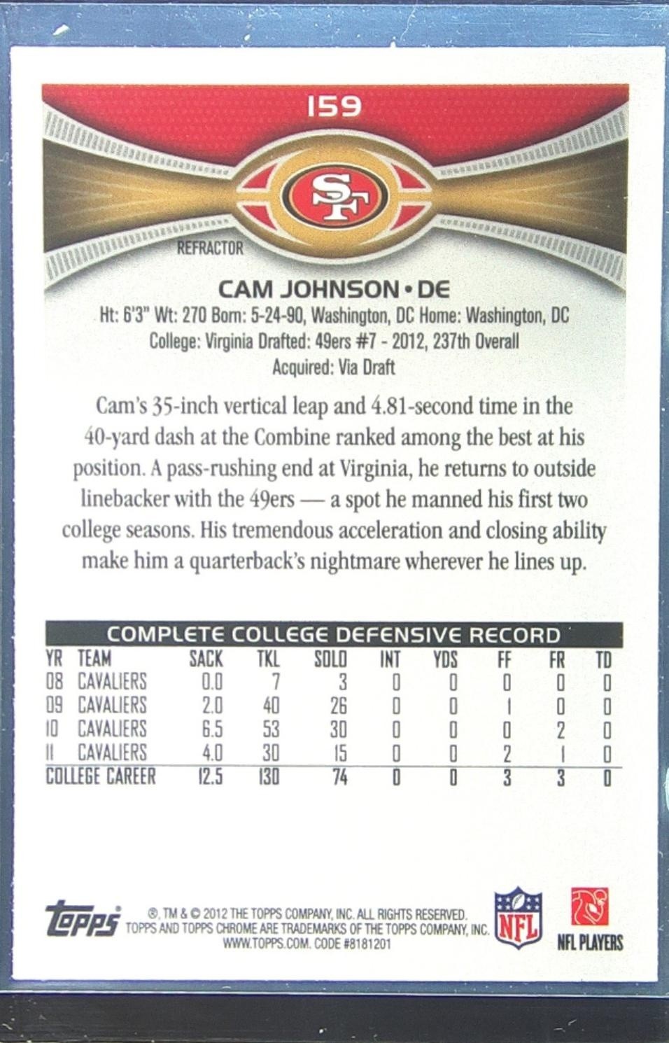2012 Topps Chrome Cam Johnson Xfractors RC #159 49ers - Image 3