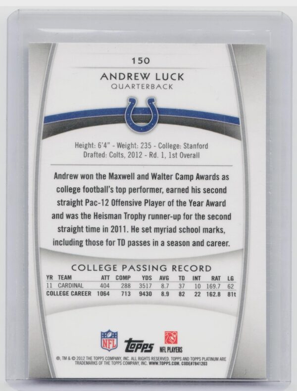 2012 Topps Platinum Andrew Luck Orange Refractor #150 Colts - Image 3
