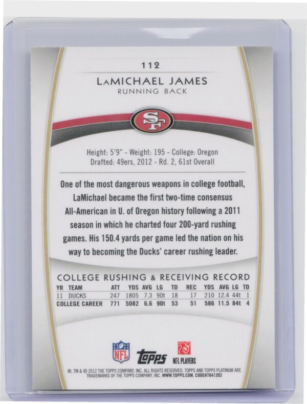 2012 Topps Platinum LaMichael James RC #112 49ers - Image 3