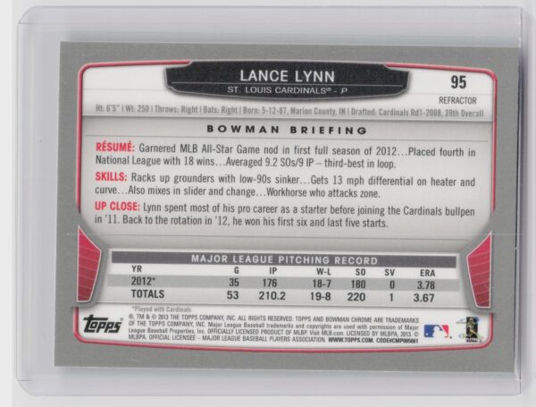 2013 Bowman Chrome Lance Lynn X Fractors #95 Cardinals - Image 3