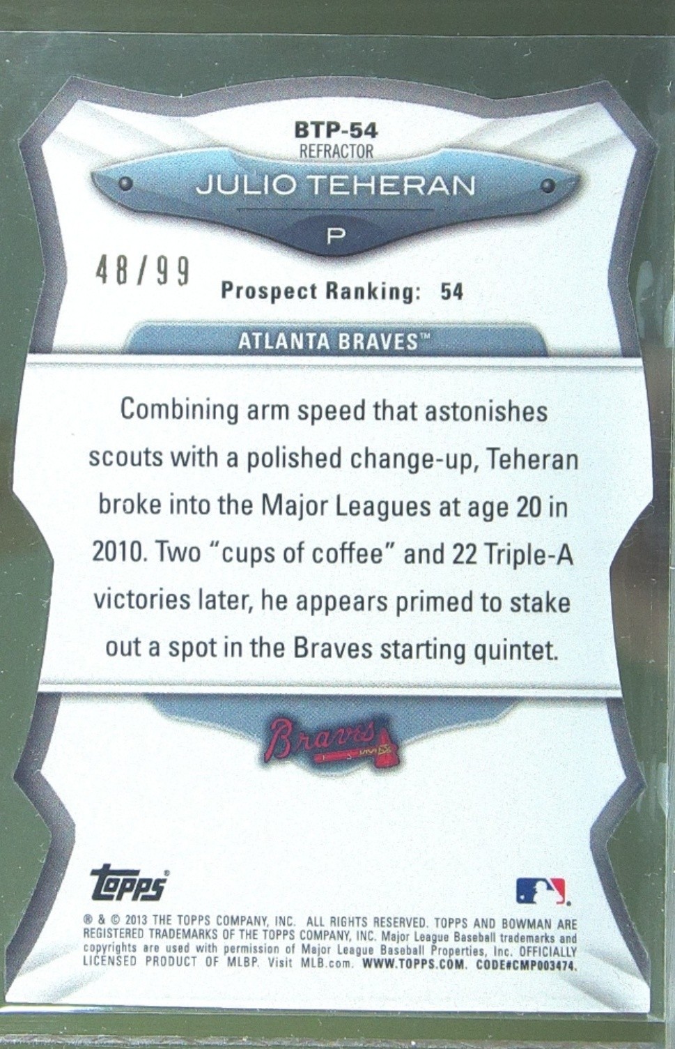2013 Bowman Julio Teheran /99 #BTP-54 Braves Top 100 Prospects Die Cut Refractor - Image 3