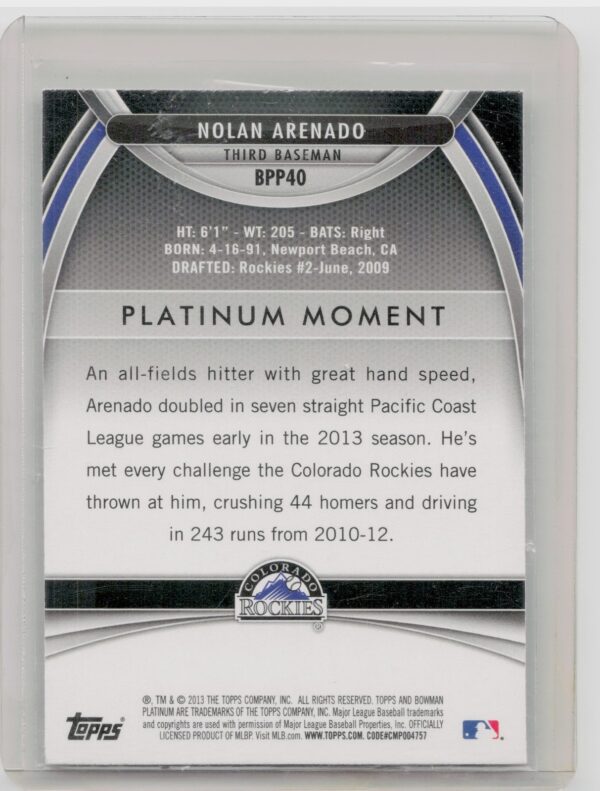 2013 Bowman Platinum Nolan Arenado #BPP40 Rockies Prospects - Image 3