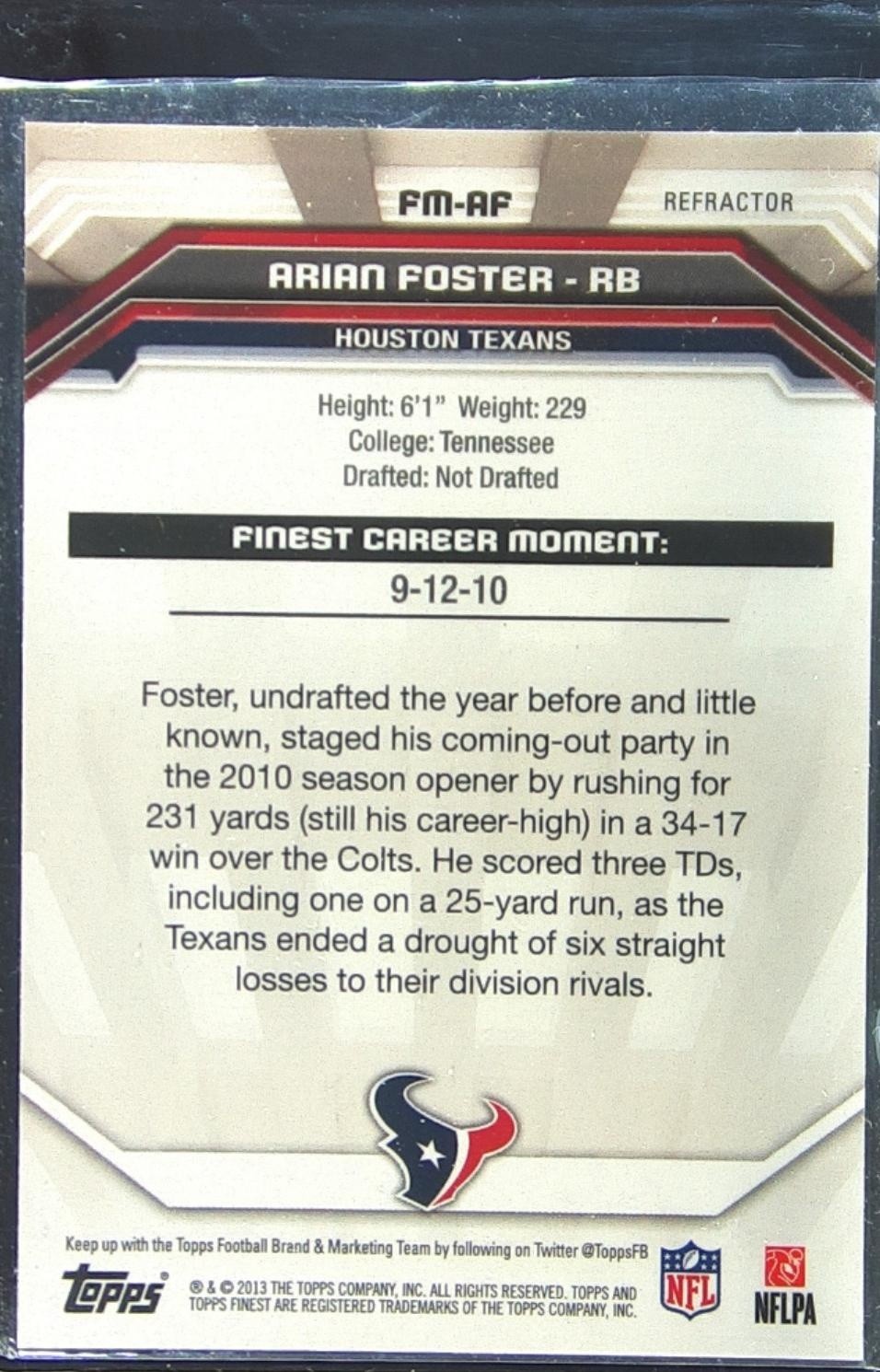 2013 Finest Arian Foster #FM-AF Texans Moments Refractors - Image 3