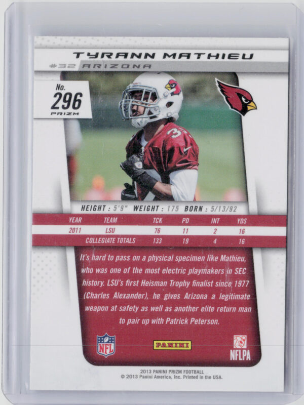 2013 Panini Prizm Tyrann Mathieu Prizms Blue Pulsar #296 Cardinals - Image 3