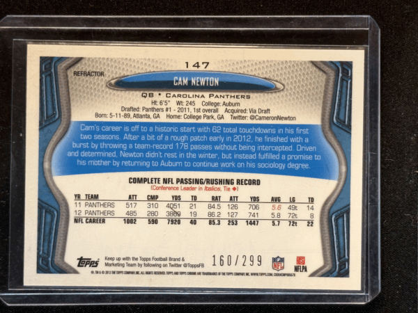 2013 Topps Chrome Cam Newton Black Refractor /299 Panthers #147 - Image 3