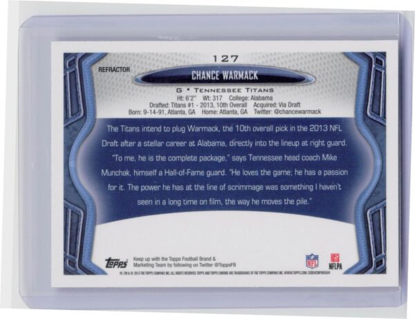 2013 Topps Chrome Chance Warmack Refractors #127 Titans - Image 3