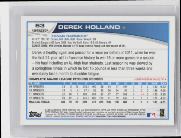 2013 Topps Chrome Derek Holland Orange Refractors #53 Rangers - Image 3