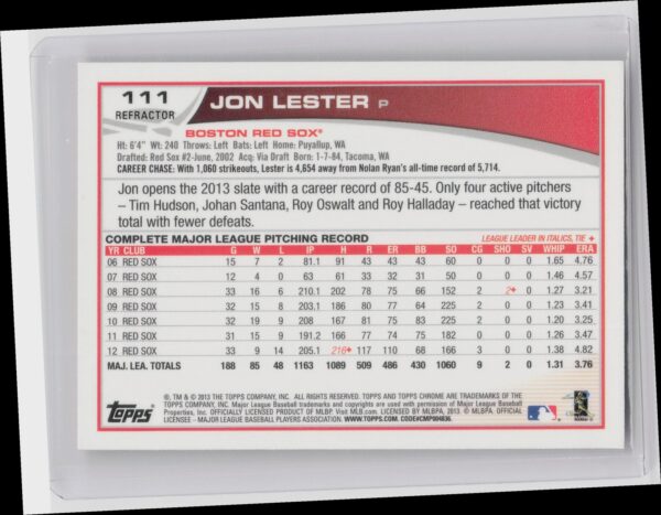 2013 Topps Chrome Jon Lester Orange Refractors #111 Sox - Image 3