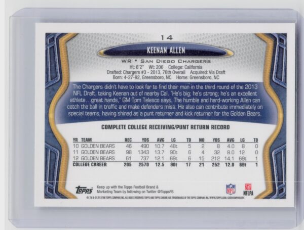 2013 Topps Chrome Keenan Allen RC #14 Chargers - Image 3