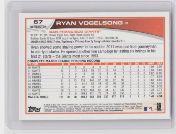 2013 Topps Chrome Ryan Vogelsong Orange Refractors #67 Giants - Image 3