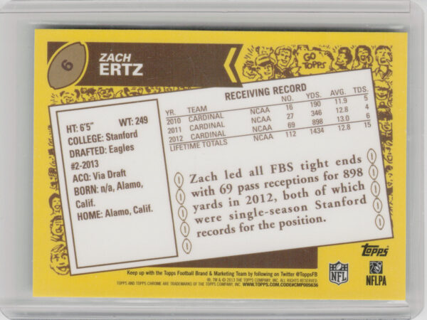 2013 Topps Chrome Zach Ertz #6 Eagles 1986 - Image 3