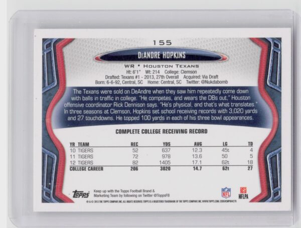 2013 Topps DeAndre Hopkins #155 Texans - Image 3