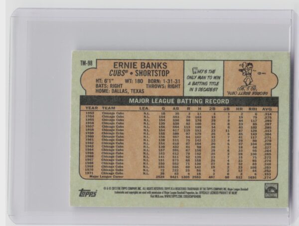 2013 Topps Ernie Banks #TM-98 Cubs 1972 Topps Minis - Image 3