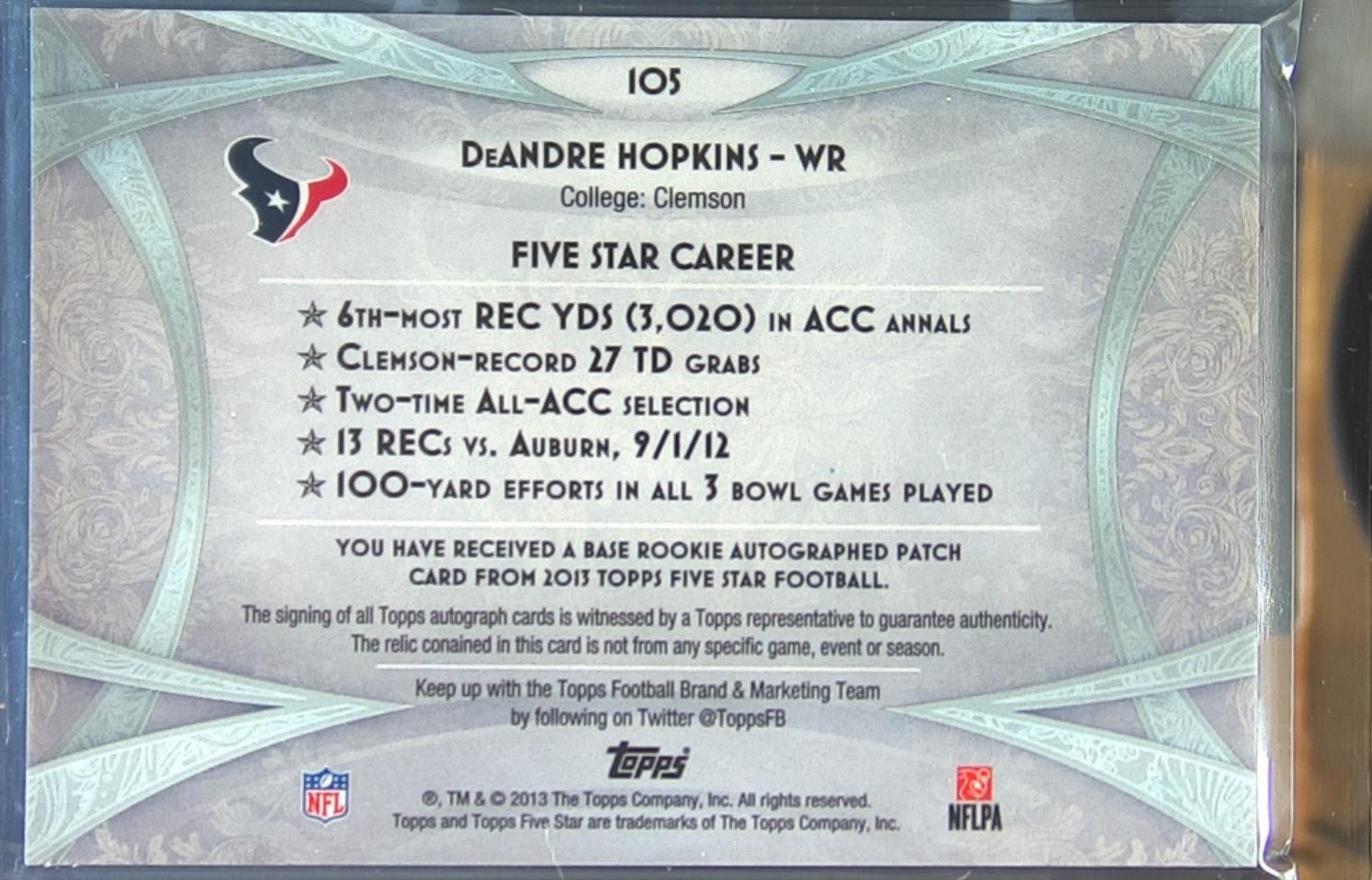 2013 Topps Five Star DeAndre Hopkins Auto /55 JSY #105 Texans RPA Gold - Image 3