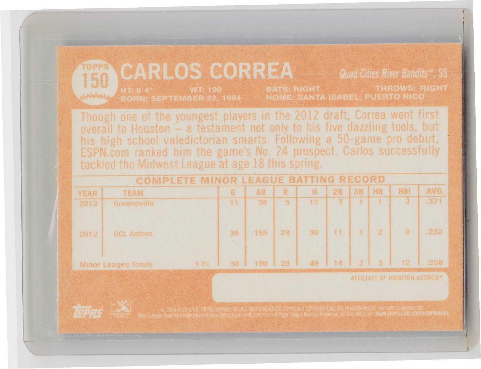 2013 Topps Heritage Minor League Carlos Correa #150 Bandits - Image 3