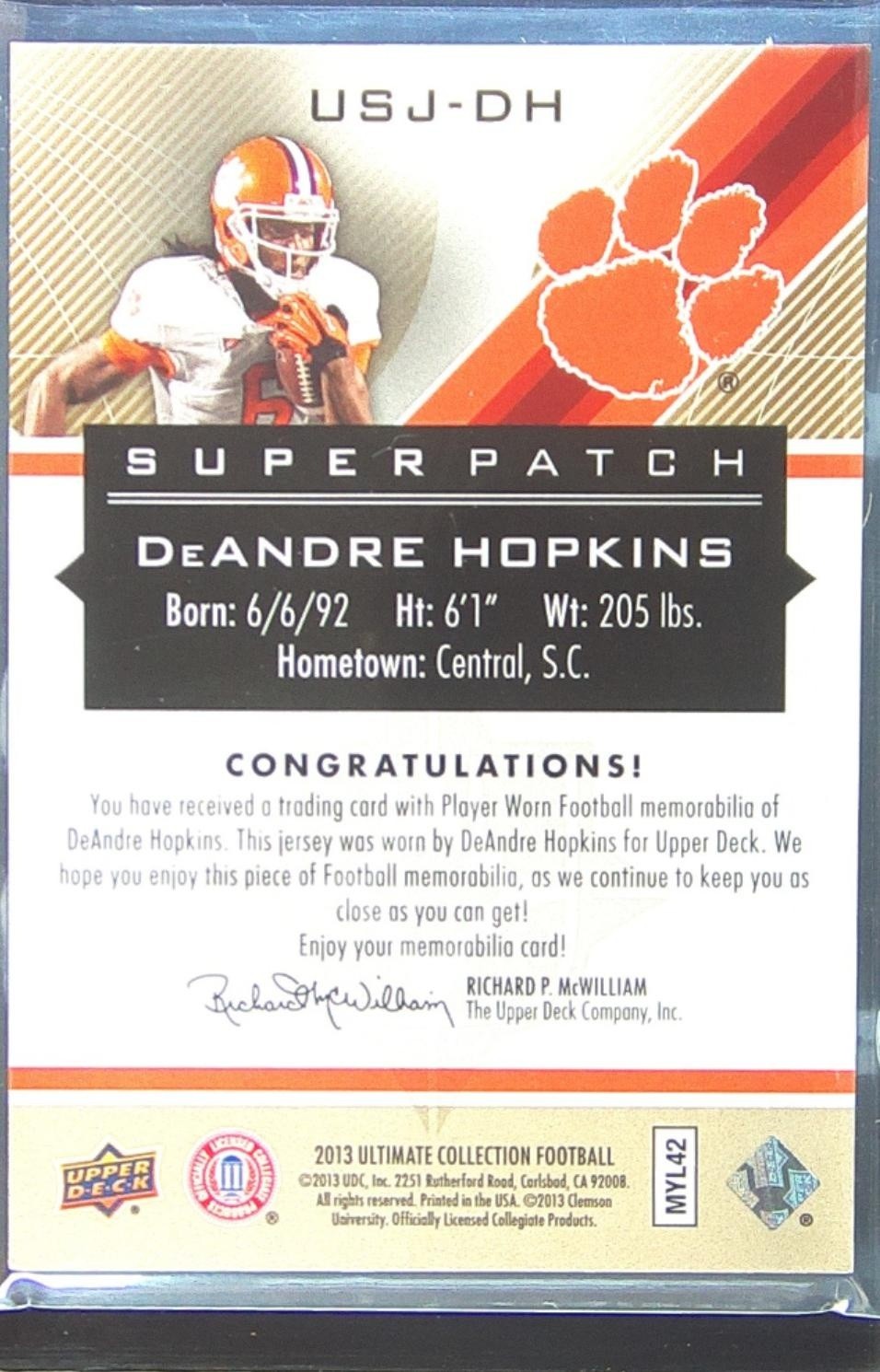 2013 UD Ultimate Collection DeAndre Hopkins /25 JSY #USJ-DH Tigers Super Patch - Image 3