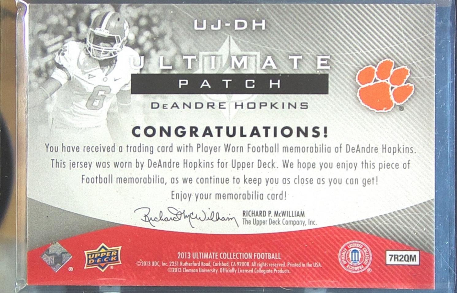 2013 UD Ultimate Collection DeAndre Hopkins /60 JSY RC #UJ-DH Ultimate Patch - Image 3