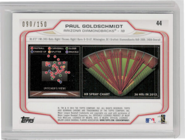 2014 Bowman Chrome Paul Goldschmidt Purple Refractor SN150 #44 Diamondbacks - Image 3