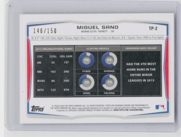 2014 Bowman Draft Miguel Sano SN150 #TP-2 Twins Top Prospects Red Ice - Image 3