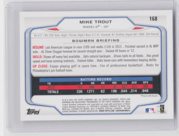 2014 Bowman Mike Trout #168 Angels - Image 3