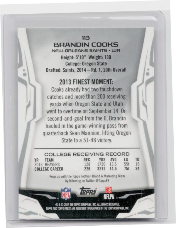 2014 Finest Brandin Cooks RC #113 Saints - Image 3