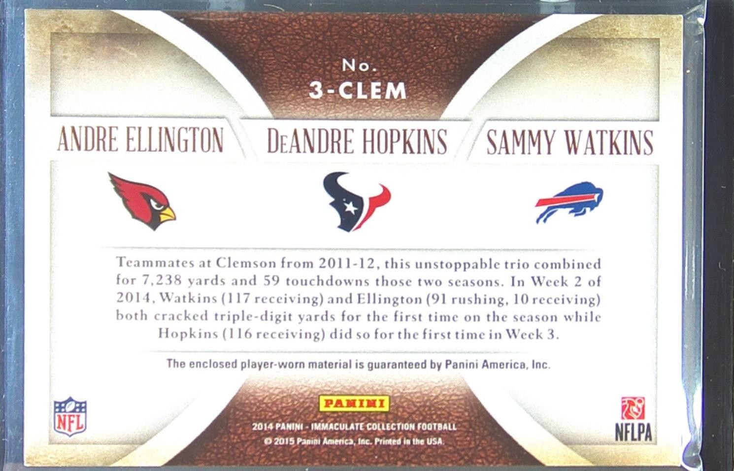 2014 Immaculate Andre Ellington / DeAndre Hopkins / Sammy Watkins /99 JSY #3-CLE - Image 3
