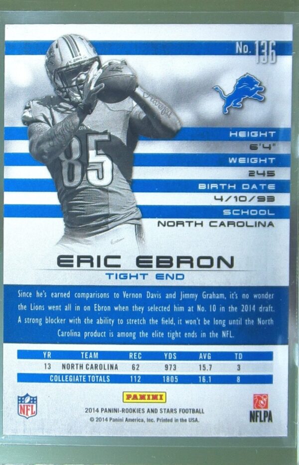 2014 Panini Rookies & Stars Eric Ebron Longevity Holofoil /99 RC #136 Lions - Image 3