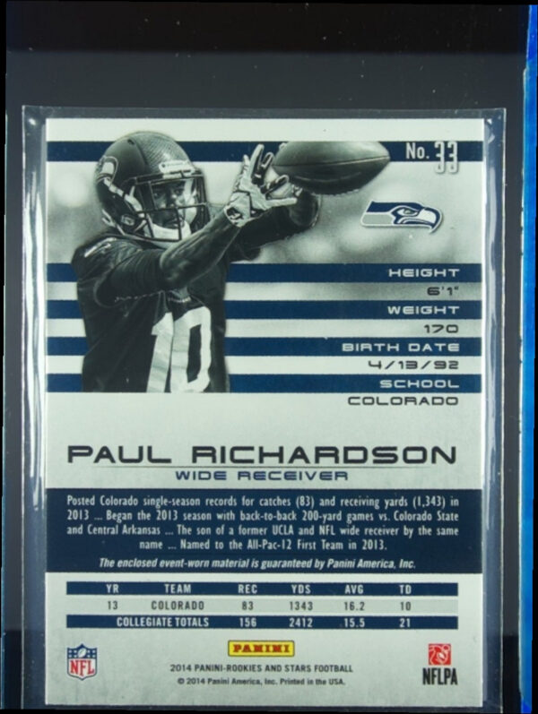 2014 Panini Rookies & Stars Paul Richardson MEM #33 Seahawks Rookie Materials - Image 3