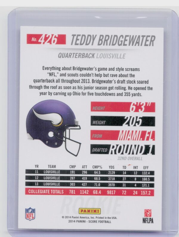 2014 Score Teddy Bridgewater RC #426 Vikings - Image 3