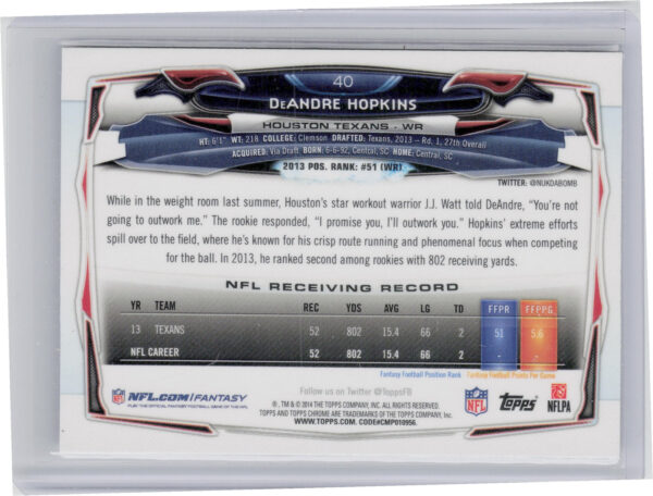 2014 Topps Chrome DeAndre Hopkins Refractor #40 Texans - Image 3