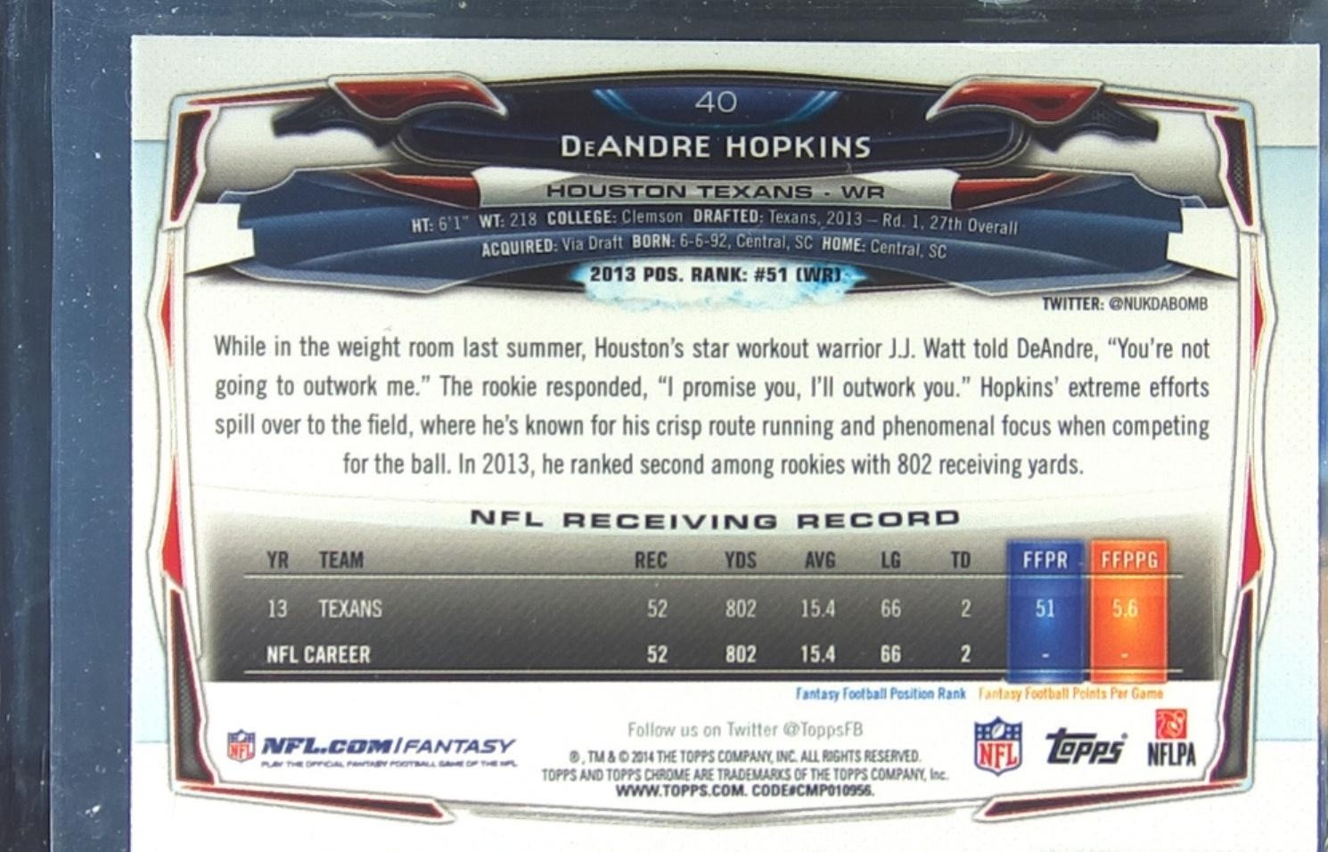 2014 Topps Chrome DeAndre Hopkins Refractor #40 Texans - Image 3