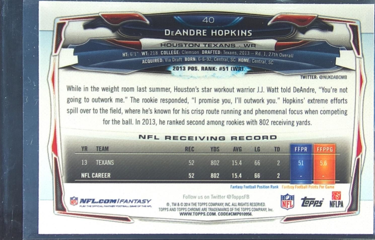 2014 Topps Chrome DeAndre Hopkins Refractor #40 Texans - Image 3