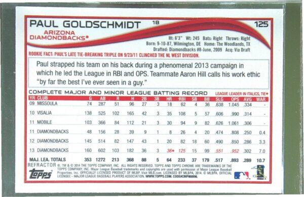 2014 Topps Chrome Paul Goldschmidt Orange Refractors #125 Diamondbacks - Image 3