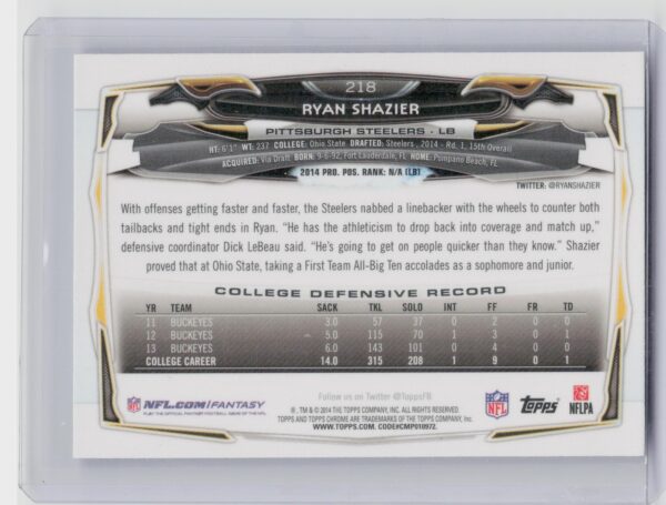 2014 Topps Chrome Ryan Shazier Refractor #218 Steelers - Image 3