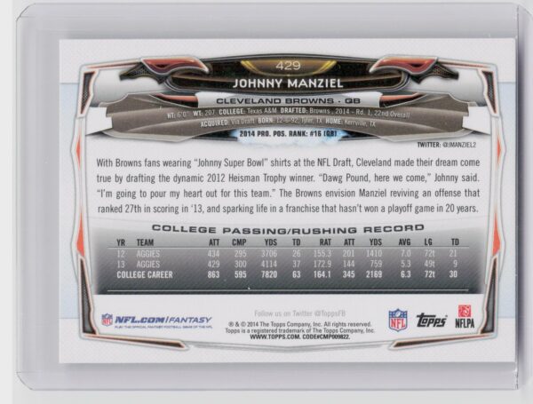 2014 Topps Johnny Manziel Rookie RC #429 Brown Texas A&Ms - Image 3