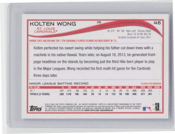 2014 Topps Kolten Wong Blue #46 Cardinals - Image 3