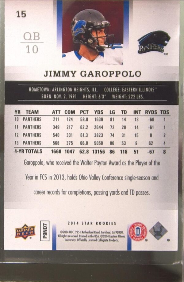 2014 Upper Deck Star Rookies Jimmy Garoppolo RC #15 Panthers - Image 3