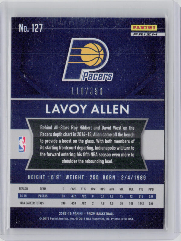 2015-16 Panini Prizm Lavoy Allen Ruby Wave Prizms SN350 #127 Pacers - Image 3