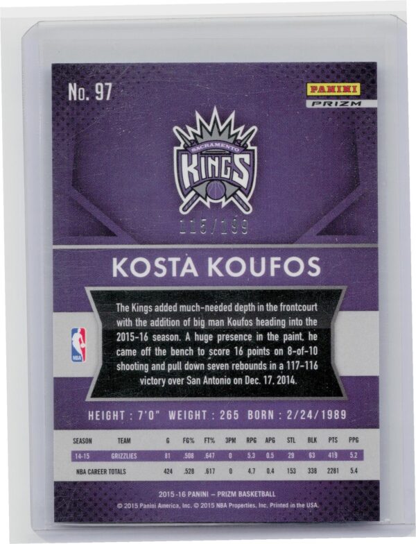 2015-16 Prizm Kosta Koufos Light Blue Prizms /199 #97 Kings - Image 3