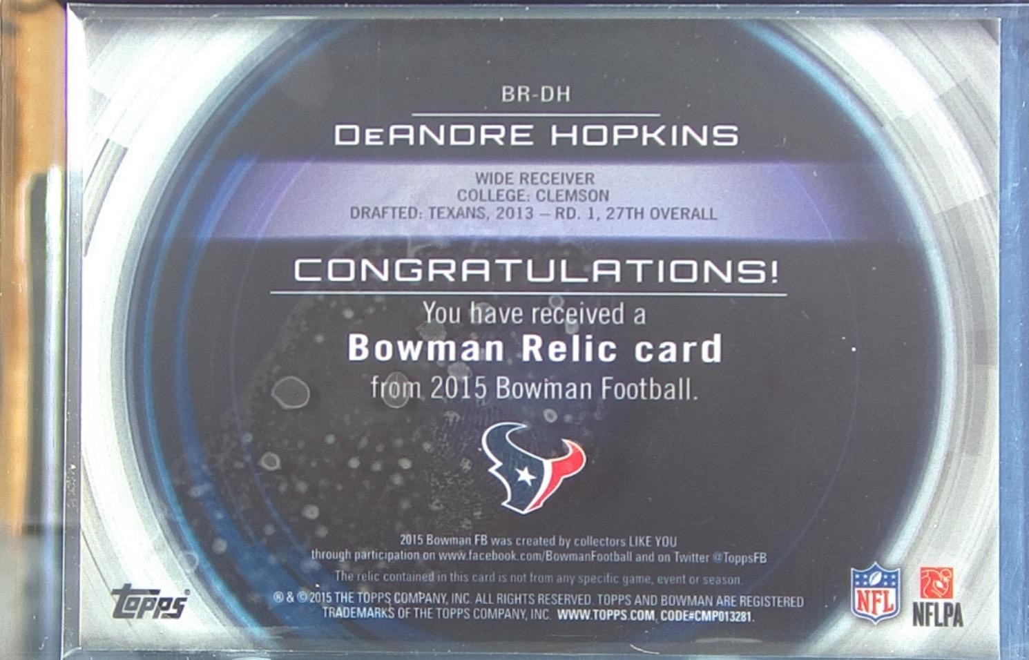 2015 Bowman DeAndre Hopkins JSY #BR-DH Texans Relics - Image 3
