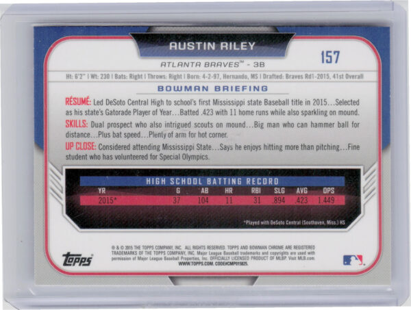 2015 Bowman Draft Austin Riley #157 Braves - Image 3