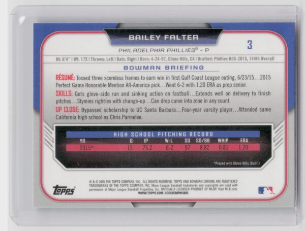 2015 Bowman Draft Bailey Falter Chrome Blue Sky Refractors #3 Phillies - Image 3