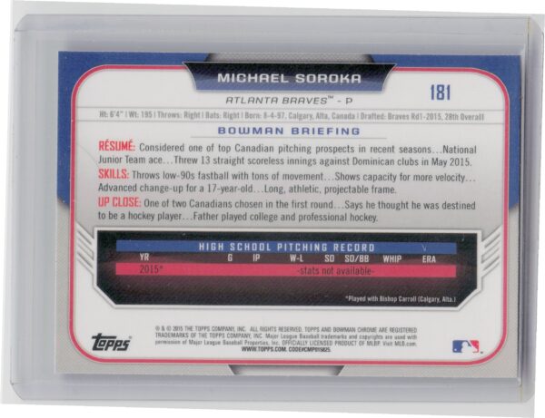 2015 Bowman Draft Michael Soroka #181 Braves - Image 3