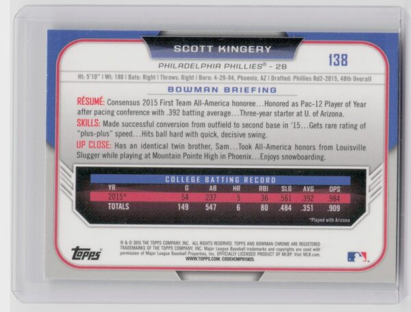 2015 Bowman Draft Scott Kingery Chrome Refractors #138 Phillies - Image 3