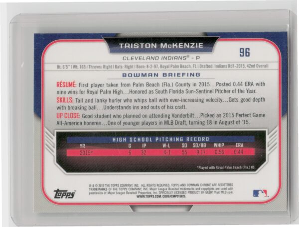2015 Bowman Draft Triston McKenzie Chrome #96 Indians - Image 3
